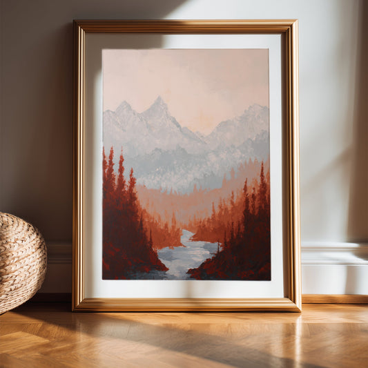 Autumnal Minimalist Mountain & River Landscape Prints Bundle Of 4 - Palette Pad