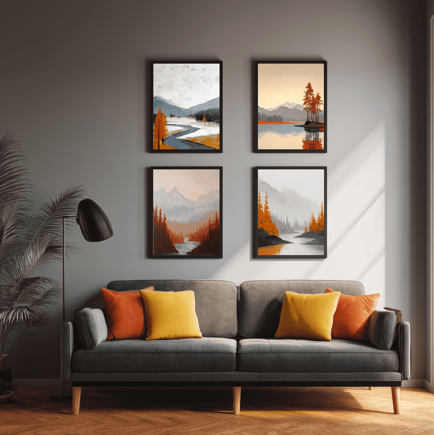 Autumnal Minimalist Mountain & River Landscape Prints Bundle Of 4 - Palette Pad
