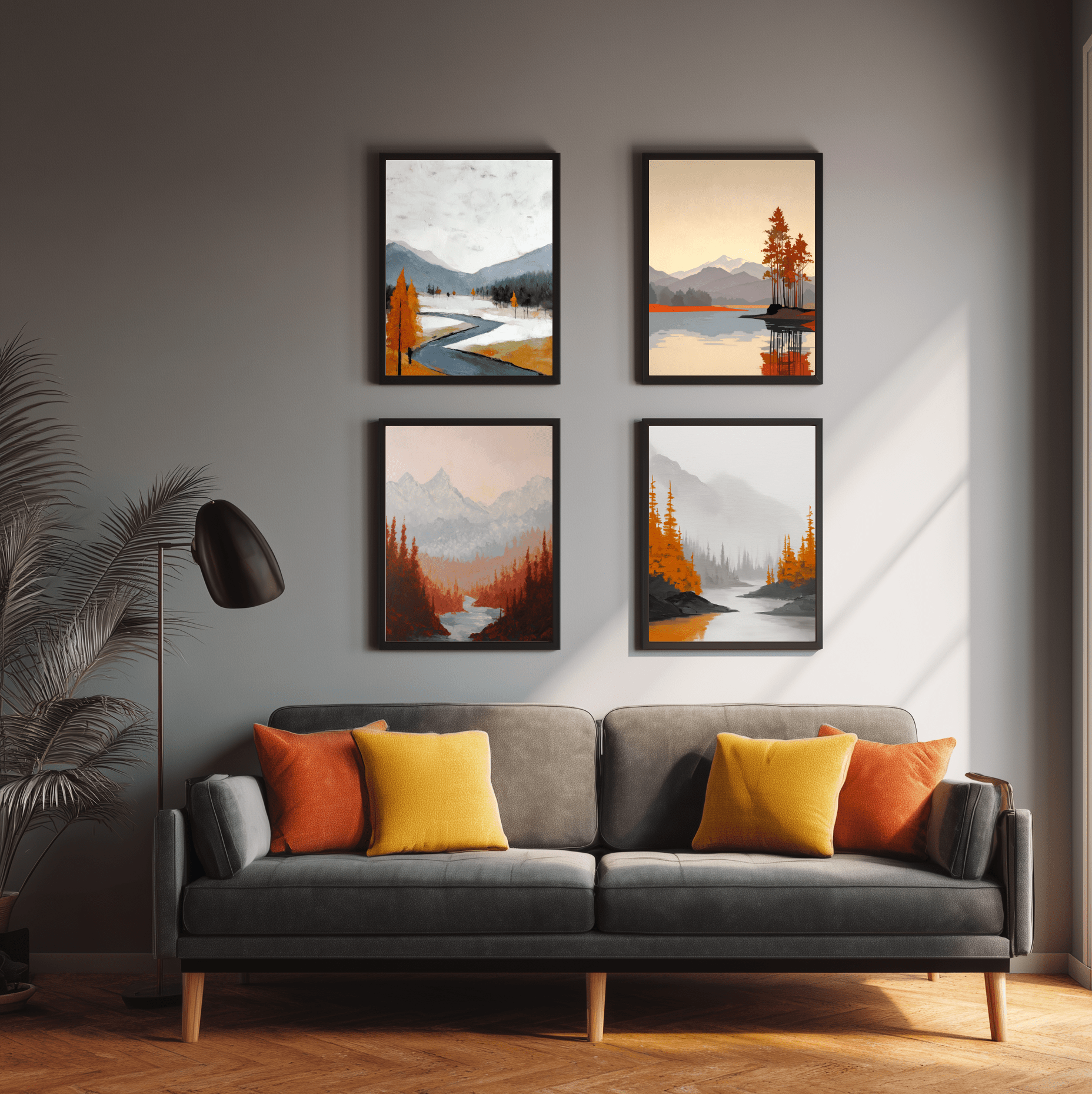 Autumnal Minimalist Mountain & River Landscape Prints Bundle Of 4 - Palette Pad
