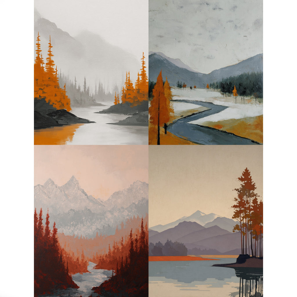 Autumnal Minimalist Mountain & River Landscape Prints Bundle Of 4 - Palette Pad
