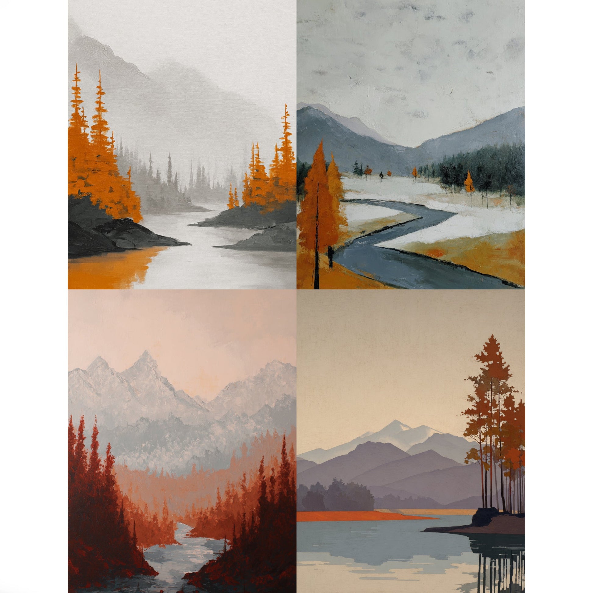 Autumnal Minimalist Mountain & River Landscape Prints Bundle Of 4 - Palette Pad