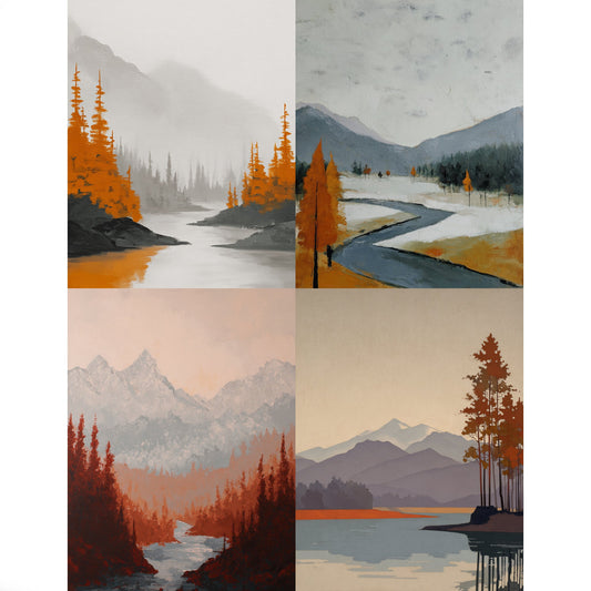 Autumnal Minimalist Mountain & River Landscape Prints Bundle Of 4 - Palette Pad
