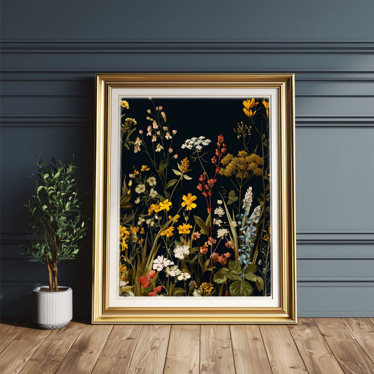 Black Background Vintage Botanical Wildflower Printable Floral Wall Art - Palette Pad